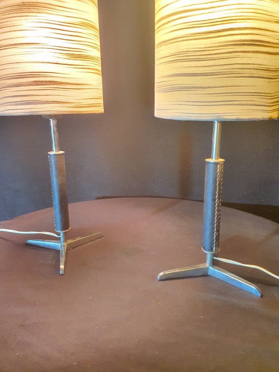 Pair Of Saddle Stitched Leather Lamps By Jacques Adnet. -photo-4