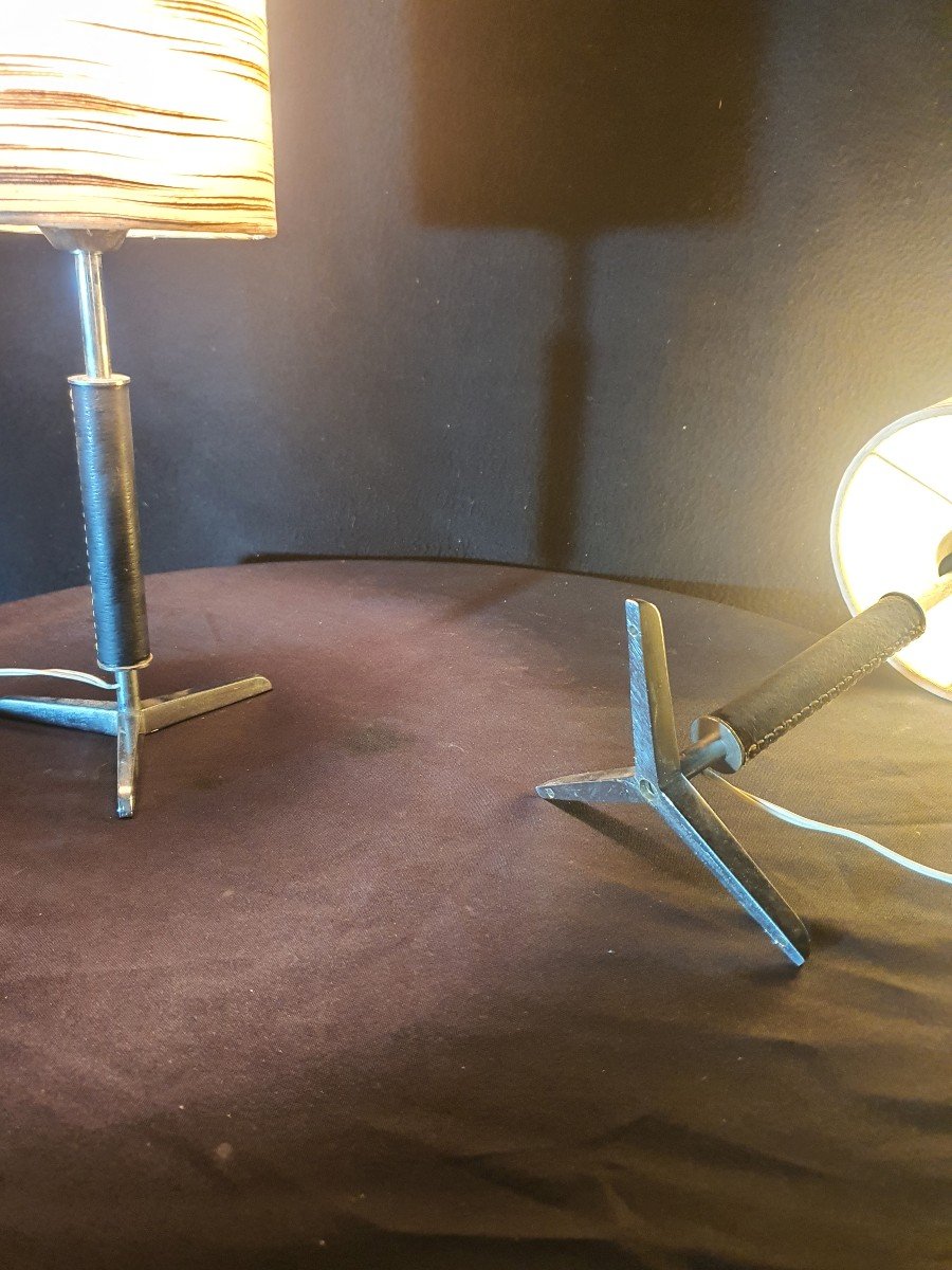 Pair Of Saddle Stitched Leather Lamps By Jacques Adnet. -photo-1