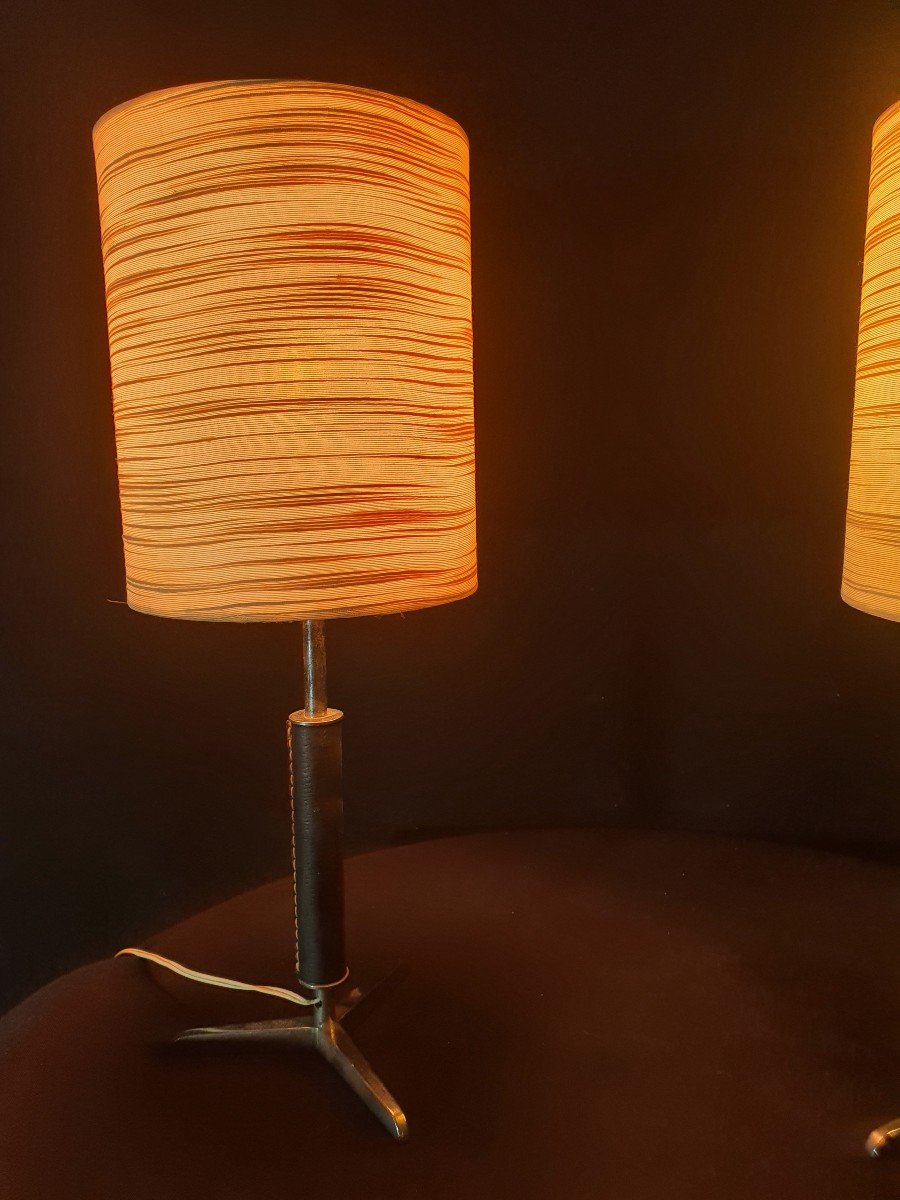 Pair Of Saddle Stitched Leather Lamps By Jacques Adnet. -photo-2