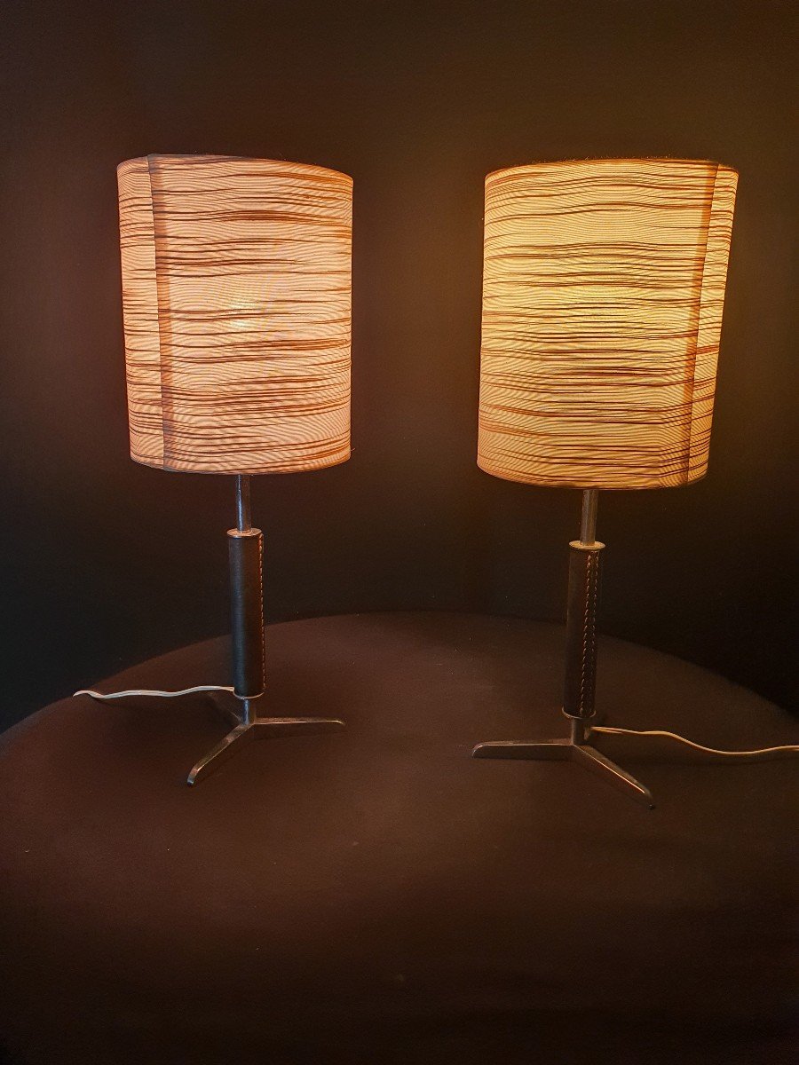 Pair Of Saddle Stitched Leather Lamps By Jacques Adnet. -photo-3