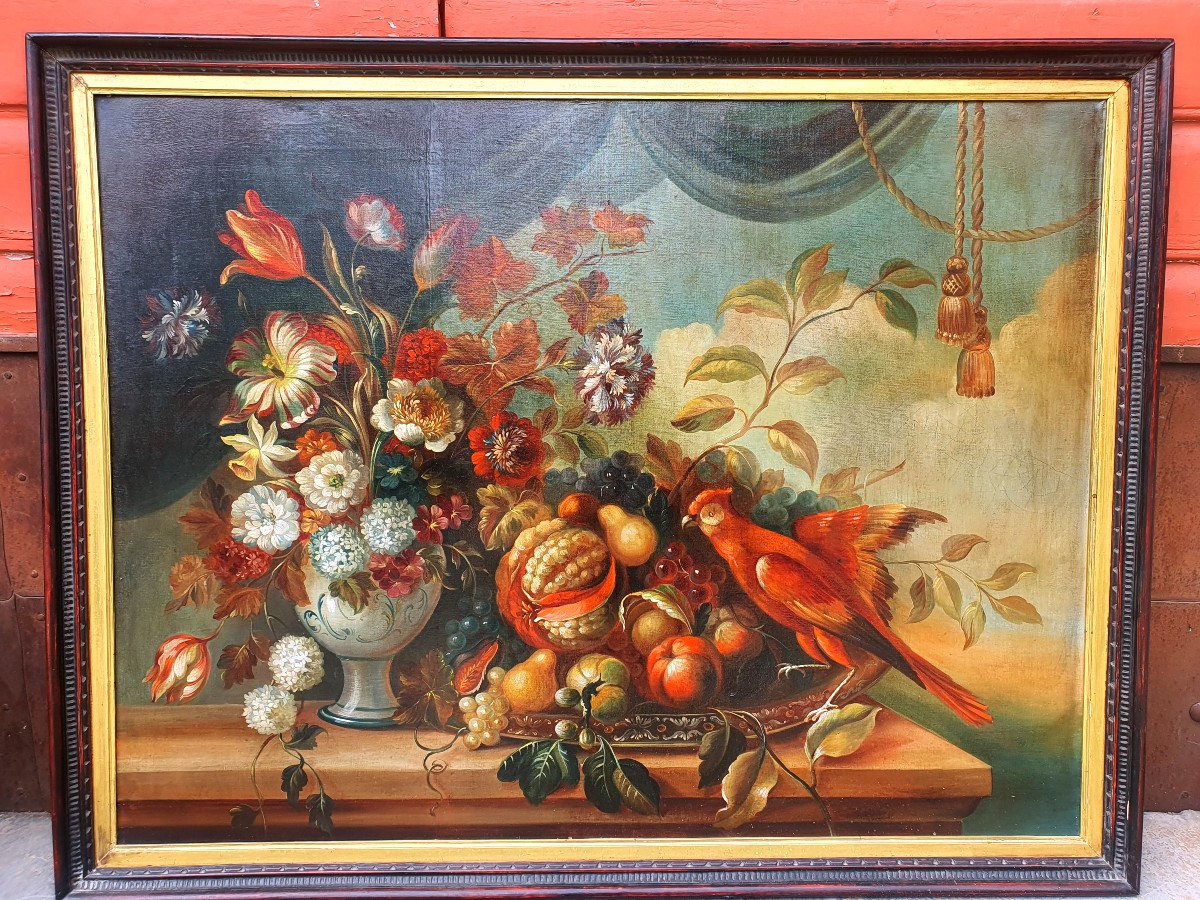 Large Painting Of Flowers And Birds. 