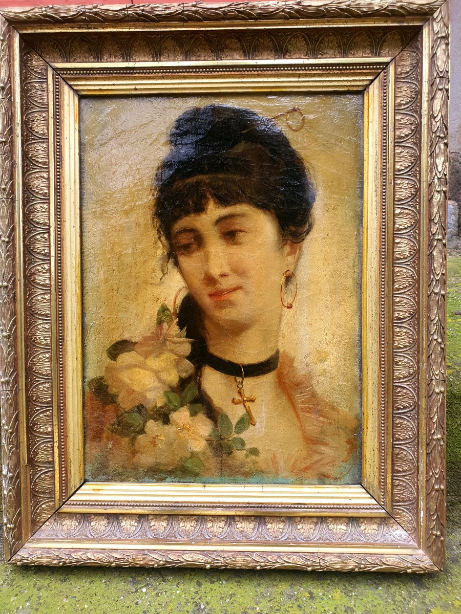 Tableau Portrait Jeune Femme XIX Siècle. -photo-2