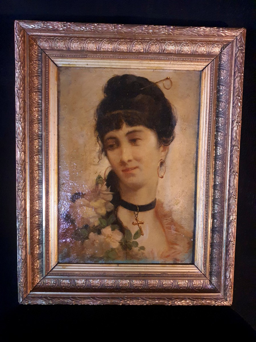 Tableau Portrait Jeune Femme XIX Siècle. -photo-1