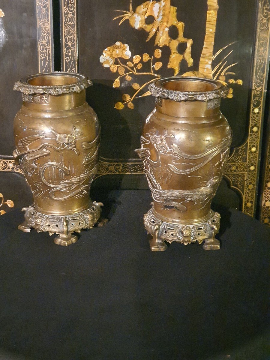 Paire De Vases Bronze Japon, Meïji, Edo.