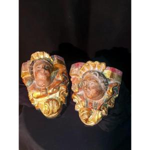 Pair Of Sellettes, Golden Wood Consoles, Angels.