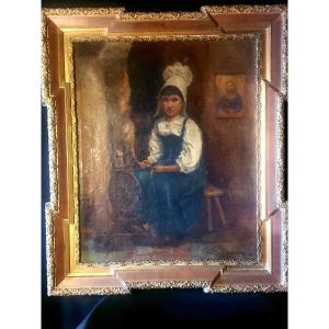 Painting Young Breton Girl XIX Century.