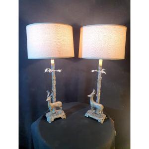Pair Of Silver Bronze Animal Deer Lamps.
