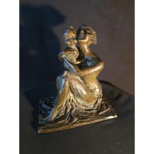 Art Deco Bronze Sculpture, Woman And Child, Lost Wax, Rella.