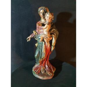 Virgin And Child Wood Sculpture, Baroque 18th Century. 