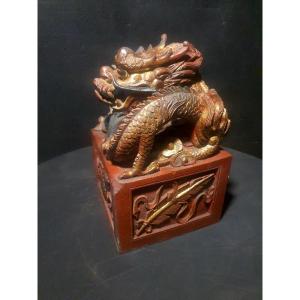 Chinese Carved Wood Dragon Seal. 