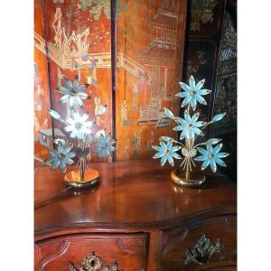 Pair Of Vintage Glass Paste Flower Lamps 