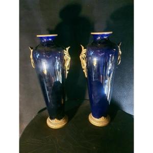 Pair Of Large Blue Porcelain Vases From Sèvres Tours. 