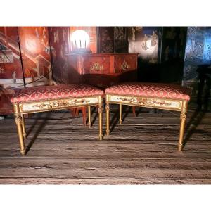 Pair Of Louis XVI Stools, Napoleon III. Golden Wood. 