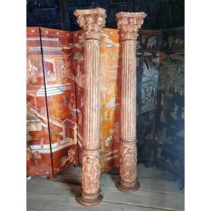 Pair Of Classic Corinthian Golden Wood Columns.