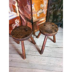 Pair Of Brutalist Walnut Stools In The Charlotte Perriand Style. 