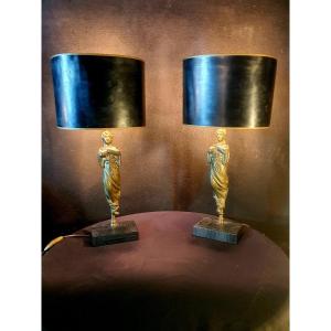 Pair Of Vintage Caryatid Lamps By Jansen.