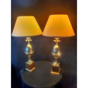 Pair Of Pineapple, Egg, Gilt Bronze Lamps, Maison Charles Style.