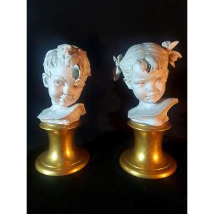 Pair Of Capodimonte Bruno Merli Biscuit Children's Busts.