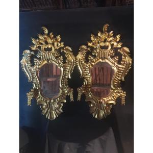 Pair Of Louis XV Mirrors, Baroque Gilded Wood Italy, Provence 18th Century. 