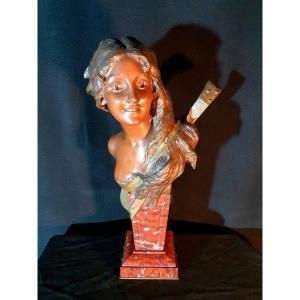 Bronze Sculpture Woman Musician Mandolin Art Nouveau Van Der Straeten.