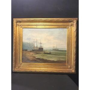 19th Century Marine Painting, Sailing Ships, Steamboats, Normandy Coast. 