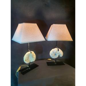 Pair Of Vintage Hollywood Regency Fossil Lamps By Willy Daro.