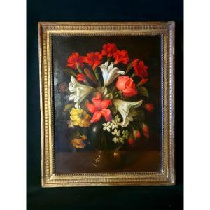 Tableau Bouquet De Fleurs Lys Roses XVIII Siècle France Italie.