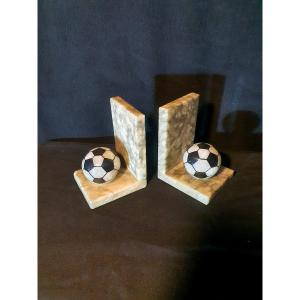 Pair Of Football, Sport, Marble Bookends.