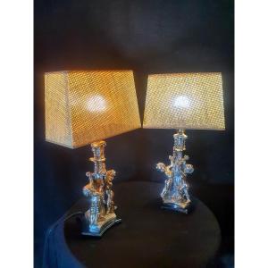 Pair Of Silver Cherub Angel Lamps.