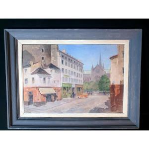 Painting View Of Paris Notre Dame From The Ile De La Cité. Second-hand Shop. 