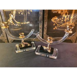 Lucite Dlg Brass Seal Candlesticks Maison Jansen