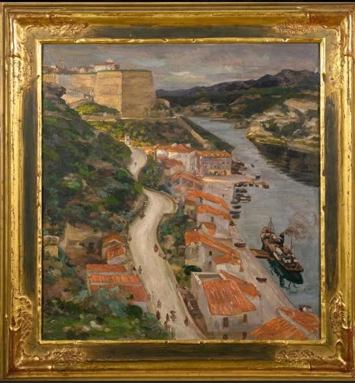 Oil On Canvas Representing The Port Of Bonifacio In Corsica Around 1930.-photo-2