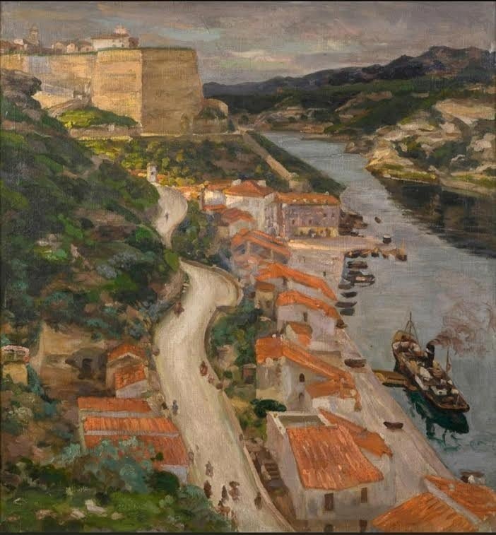 Oil On Canvas Representing The Port Of Bonifacio In Corsica Around 1930.