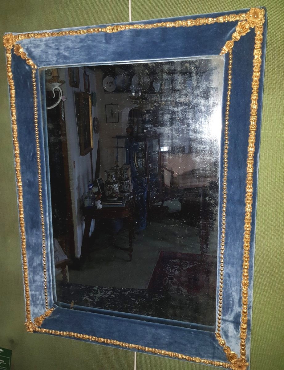 Rectangular Mirror Garnished With Blue Velvet And Gilded Bronzes 19th Century-photo-2