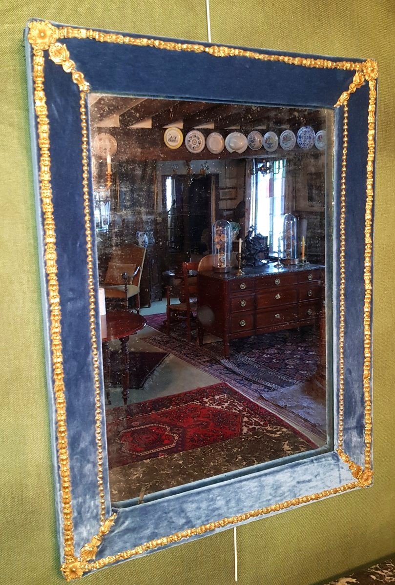 Rectangular Mirror Garnished With Blue Velvet And Gilded Bronzes 19th Century