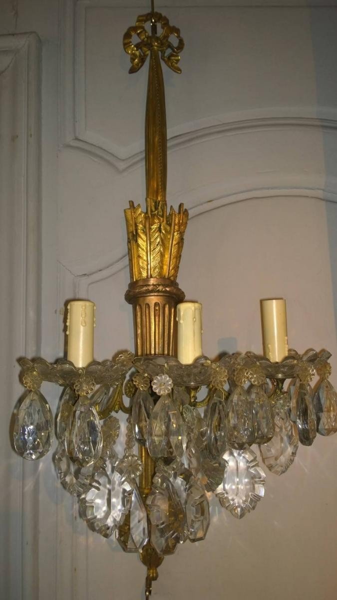 Pair Of Sconces With Quivers In Gilt Bronze And Crystals.