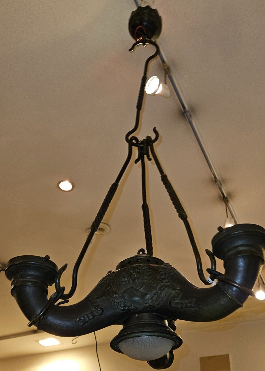 Antique Chandelier In Patinated Bronze With Three Arms Of Lights. -photo-4