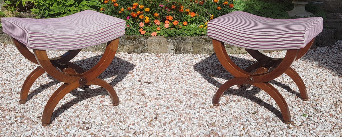 Pair Of Mahogany X Legs Stools Early 19th Century.-photo-2