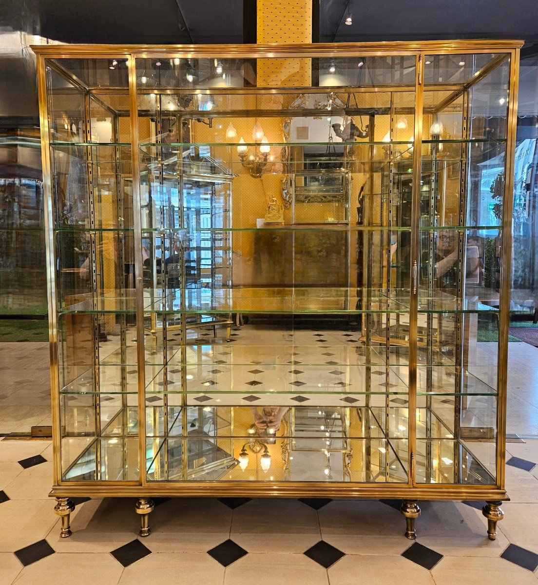 Large Store Display Cabinet In Brass And Bronze Early 20th Century.