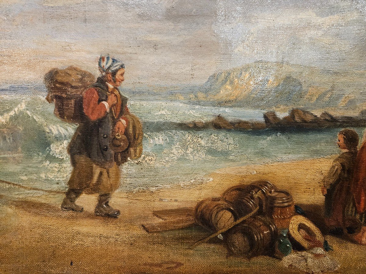 Oil On Canvas Depicting The Return Of Fishing On A Beach. 19th Century. -photo-2