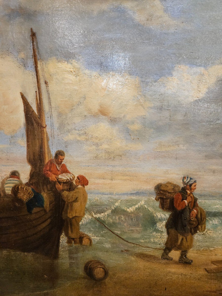 Oil On Canvas Depicting The Return Of Fishing On A Beach. 19th Century. -photo-3