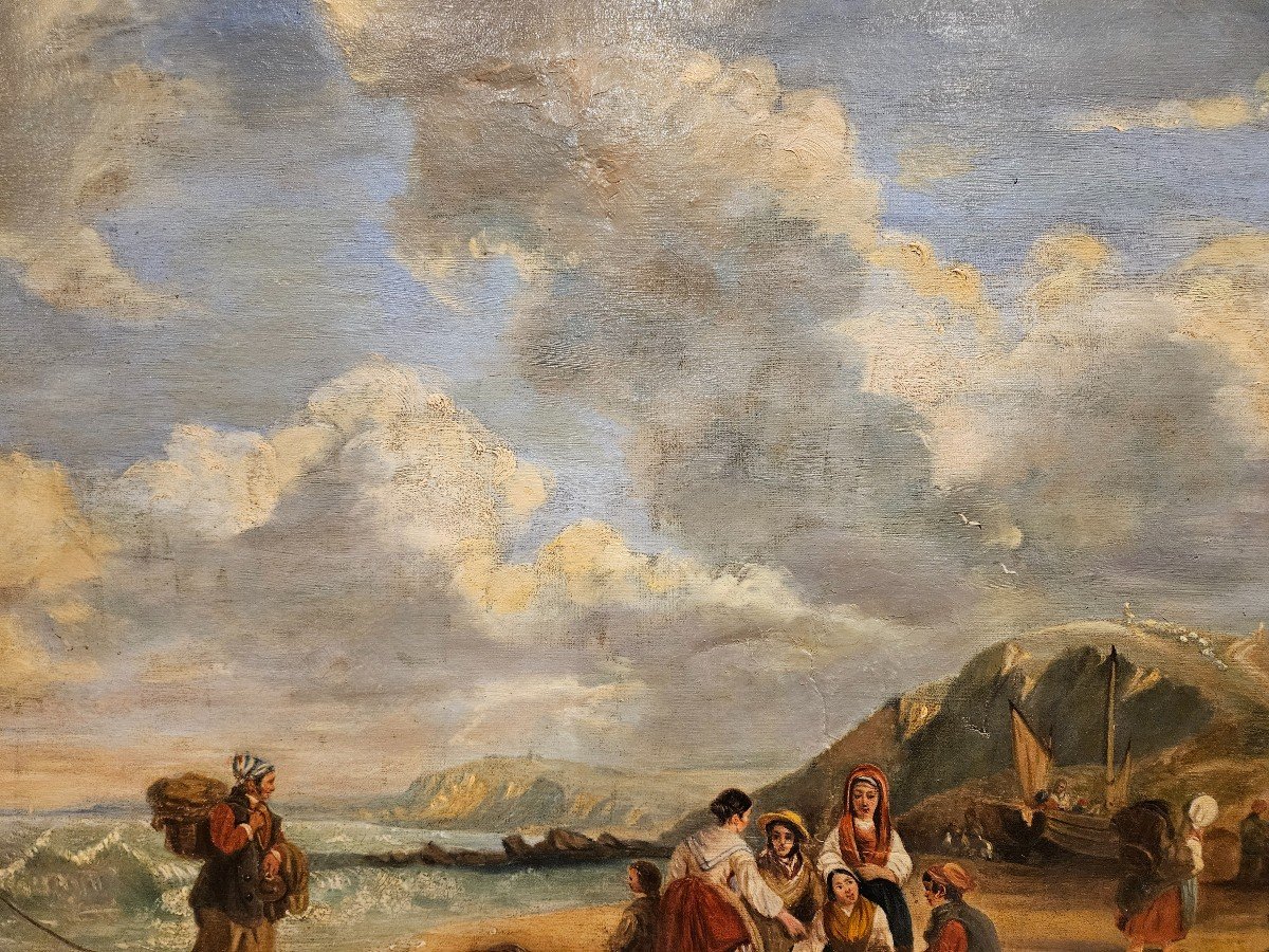 Oil On Canvas Depicting The Return Of Fishing On A Beach. 19th Century. -photo-5