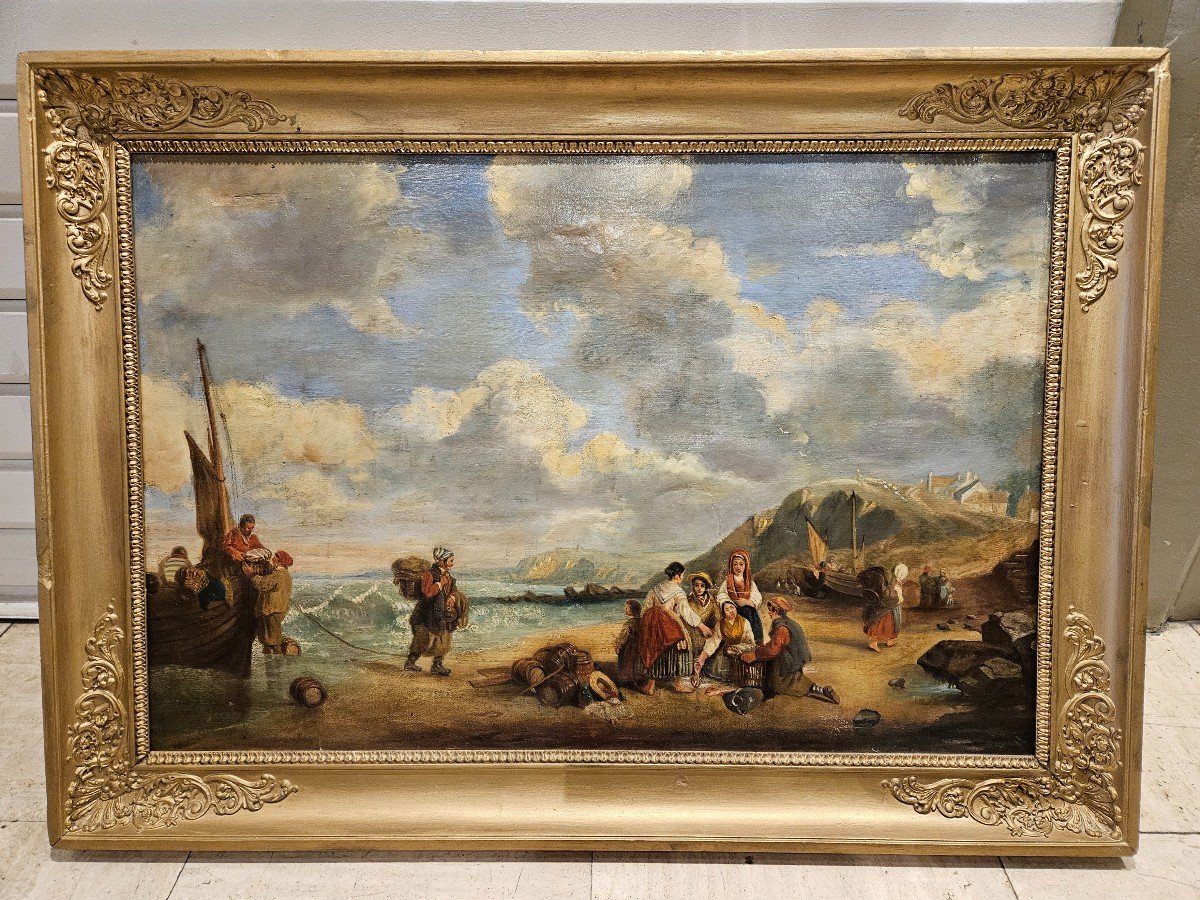 Huile Sur Toile Reprèsentant Le Retour De Peche Sur Une Plage. XIXeme Siècle. 