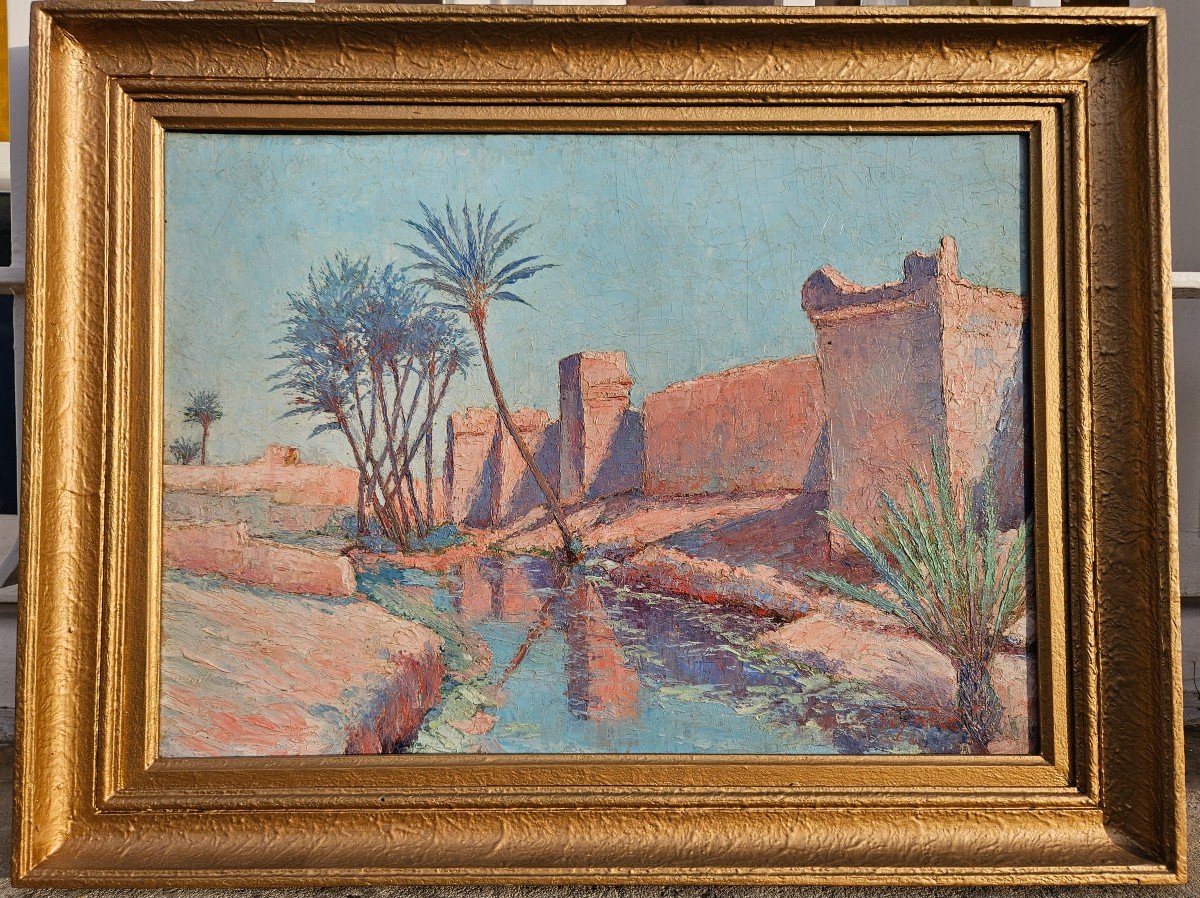 Orientalist Painting: View Of The Ramparts Of Marrakech.