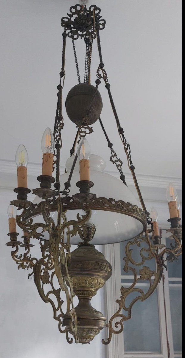 Large 19th Century Opaline Globe Pendant Chandelier-photo-2