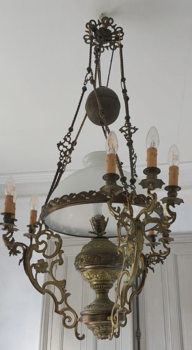 Large 19th Century Opaline Globe Pendant Chandelier-photo-4