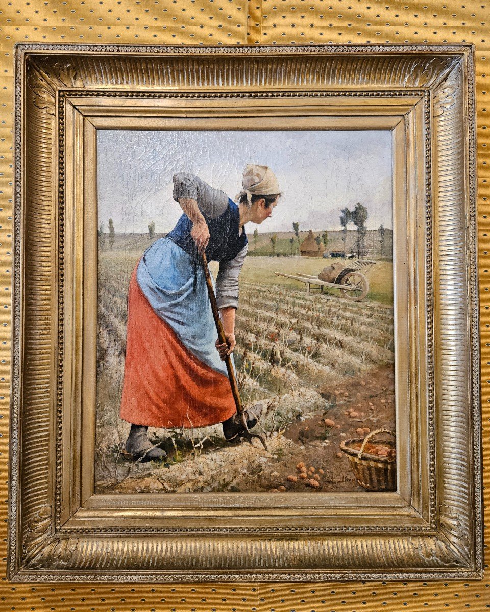 Woman Digging. Oil On Canvas Signed Albert Decamps (1862-1908), Picard Painter.-photo-2