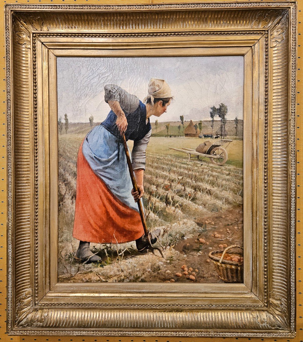 Woman Digging. Oil On Canvas Signed Albert Decamps (1862-1908), Picard Painter.