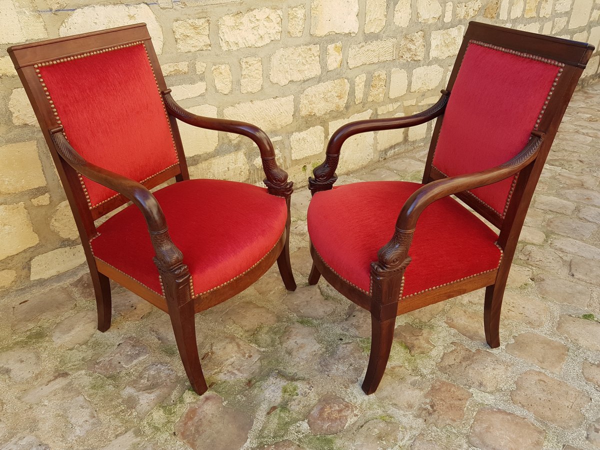 Pair Of Armchairs With Armrests With Dolphin Heads From The Empire Period-photo-3