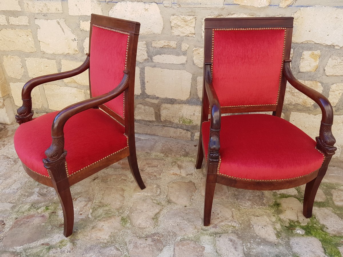 Pair Of Armchairs With Armrests With Dolphin Heads From The Empire Period-photo-1